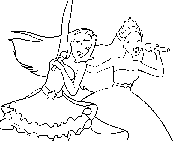 Dibujo de Barbie y la princesa cantando para Colorear