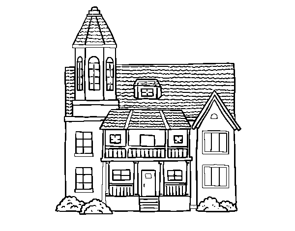 Dibujo de Casa de dos pisos con torre para Colorear