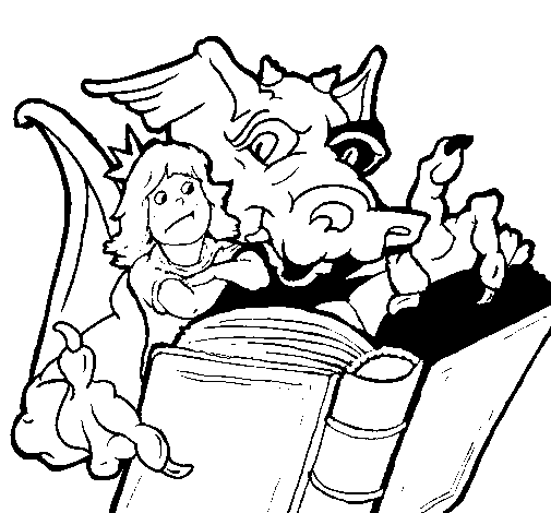 Dibujo de Dragón, chica y libro para Colorear