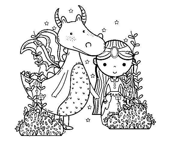 Dibujo de Dragón y princesa para Colorear