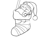 Dibujo de Gatito durmiendo en un calcet铆n de Navidad para colorear