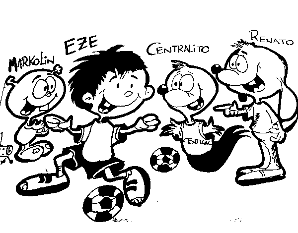 Dibujo de Markolin, Eze, Centralito y Renato jugando al fútbol para Colorear