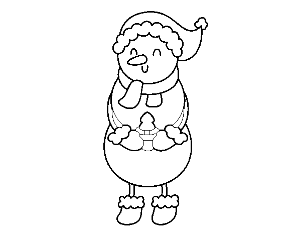 Dibujo de Muñeco de Nieve con arbolito para Colorear