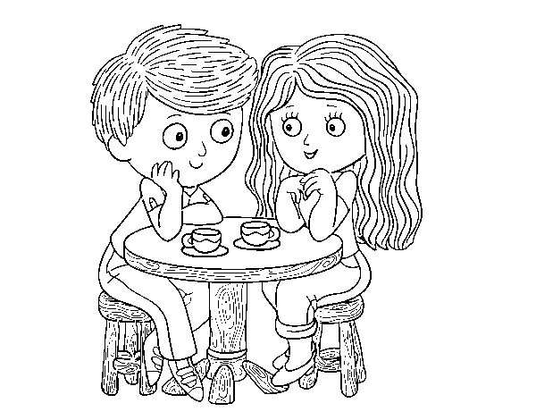 Dibujo de Niños tomando café para Colorear