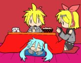 Miku, Rin y Len desayunando