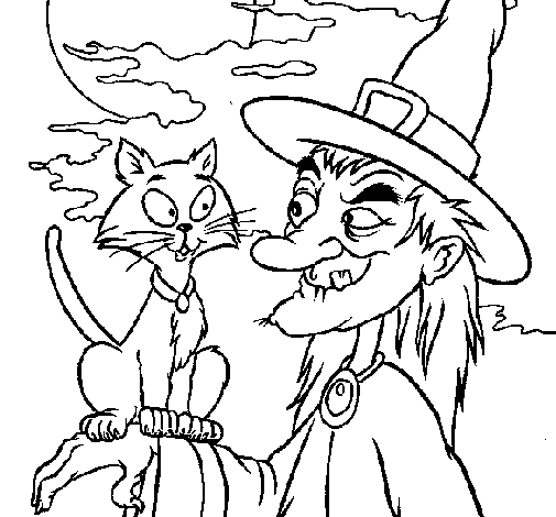 Dibujo de Bruja y gato para Colorear