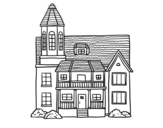 Dibujo de Casa de dos pisos con torre para colorear