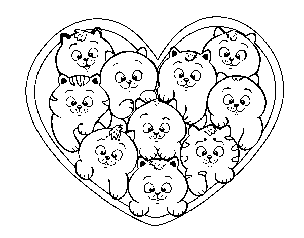 Dibujo de Corazón de gatitos para Colorear