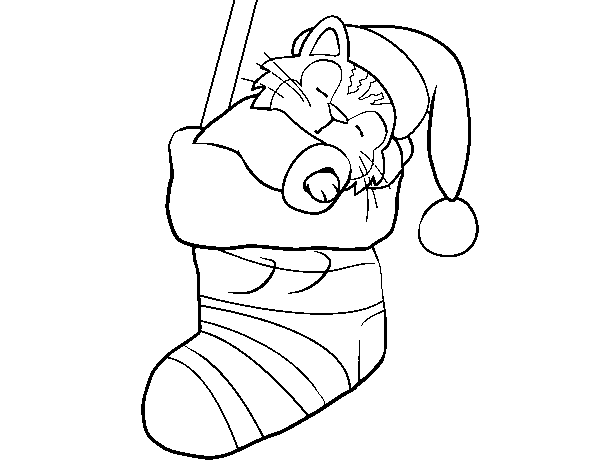 Dibujo de Gatito durmiendo en un calcetín de Navidad para Colorear