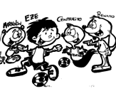Dibujo de Markolin, Eze, Centralito y Renato jugando al fútbol para colorear
