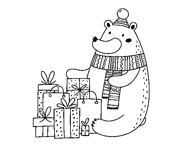 Dibujo de Oso con regalos de Navidad para Colorear
