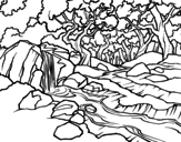 Dibujo de Paisaje de bosque con un río para colorear
