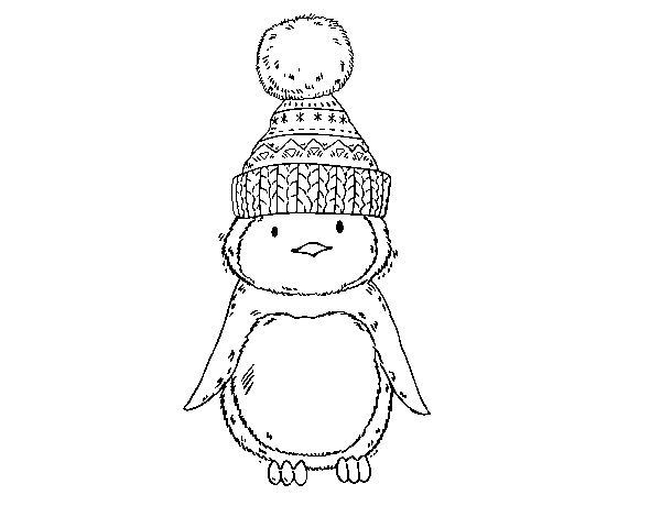 Dibujo de Pingüino con gorro de invierno para Colorear