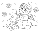 Dibujo de Postal de Navidad muñeco de nieve para colorear