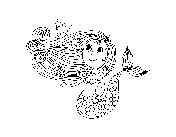 Dibujo de Sirena con barquito para Colorear