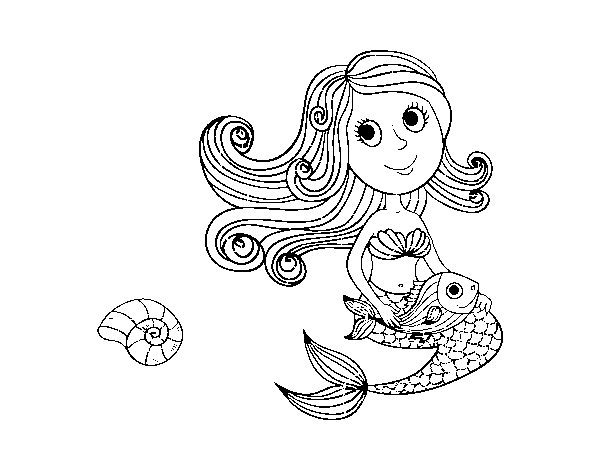 Dibujo de Sirena y su pez para Colorear